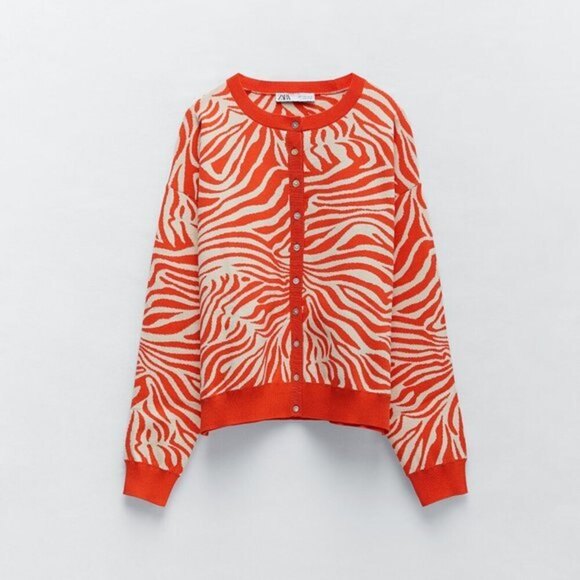Zara Orange and White Animal Print Long Sleeve Button Cardigan Sweater (NWT) - Picture 3 of 6